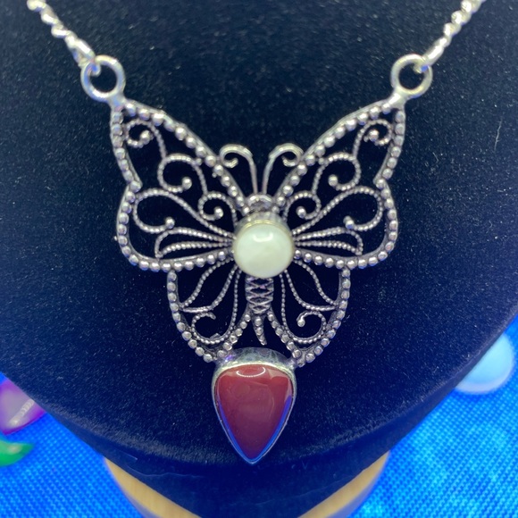 Natural Garnet & Moonstone Butterfly Necklace! .925 Sterling Silver Overlay, 18” - Picture 3 of 9